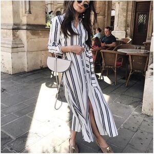 Zara White and Black Striped Long Sleeve Dress